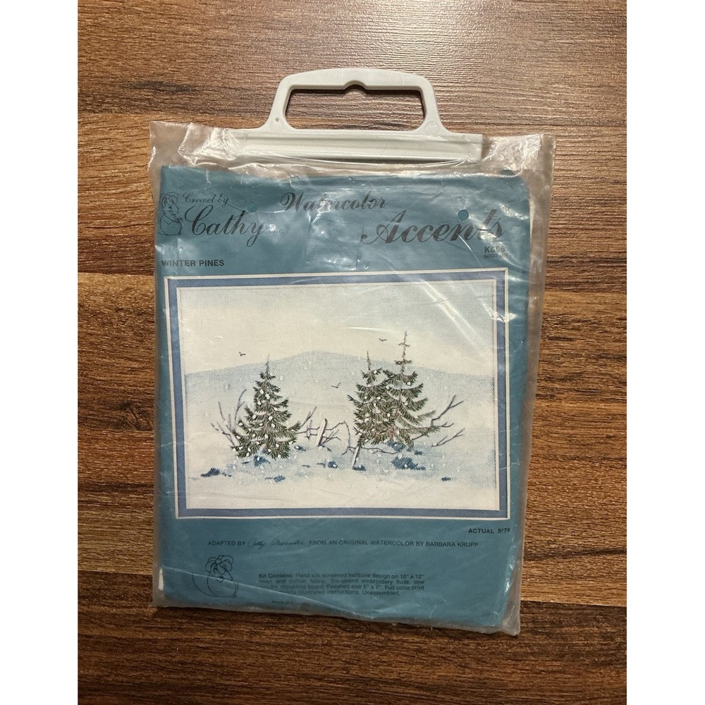 1977 Cathy Watercolor Needlepoint Kit WINTER PINES Floss, Hoop, Needle, Canvas**